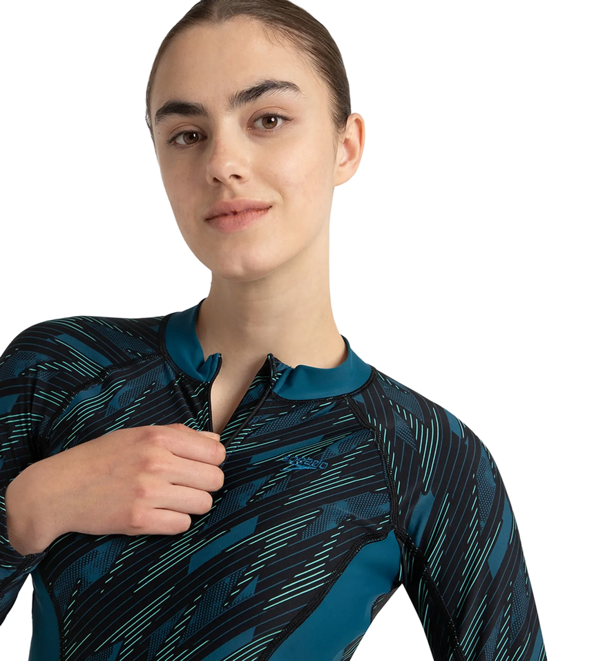Women's Hyperboom Print Long Sleeve Suntop - Black, Dark Teal & Arctic Glass