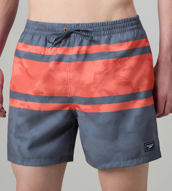 Men's 4 Way Comfort Stretch Essential Printed Watershorts With Side Pockets - Grey Lead & Tropical Coral
