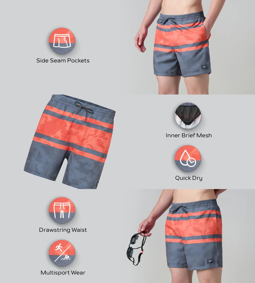 Men's 4 Way Comfort Stretch Essential Printed Watershorts With Side Pockets - Grey Lead & Tropical Coral