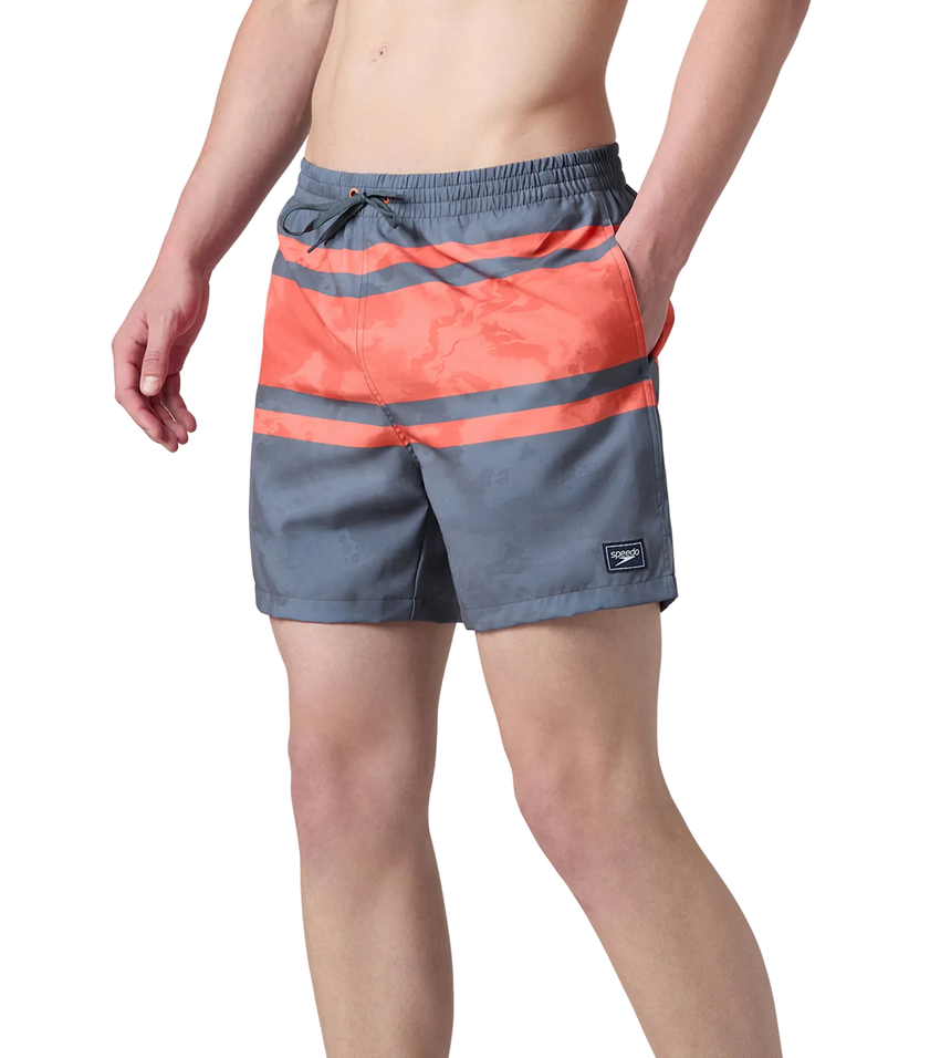 Men's 4 Way Comfort Stretch Essential Printed Watershorts With Side Pockets - Grey Lead & Tropical Coral