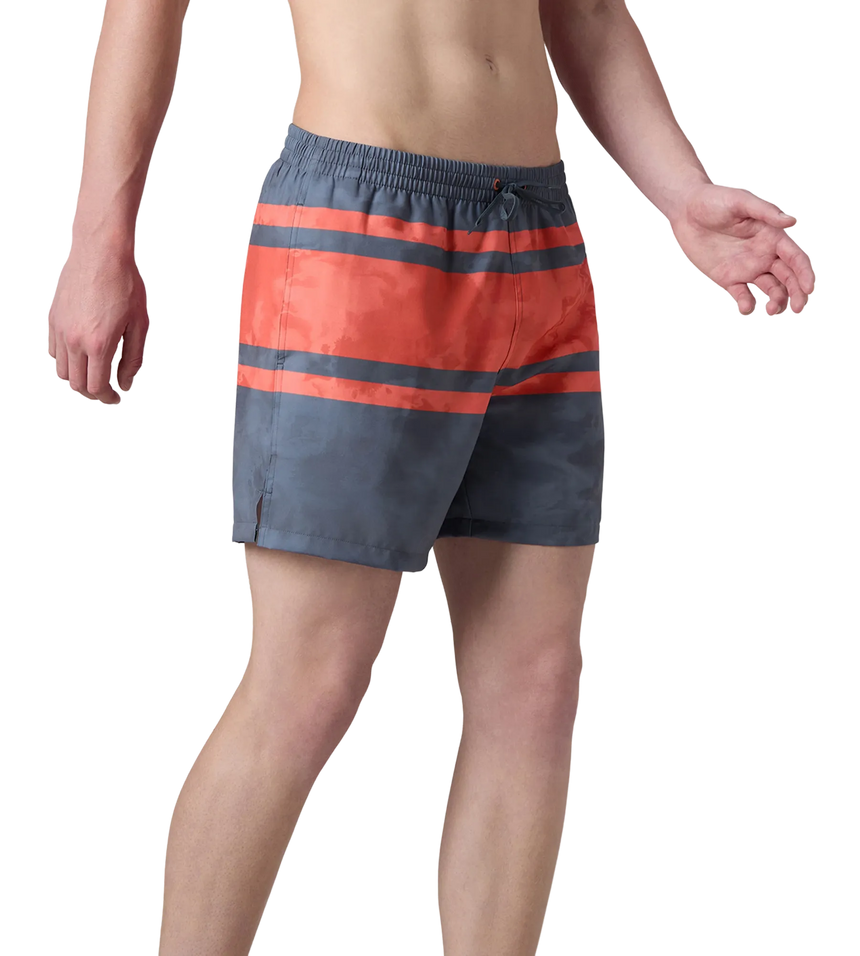 Men's 4 Way Comfort Stretch Essential Printed Watershorts With Side Pockets - Grey Lead & Tropical Coral