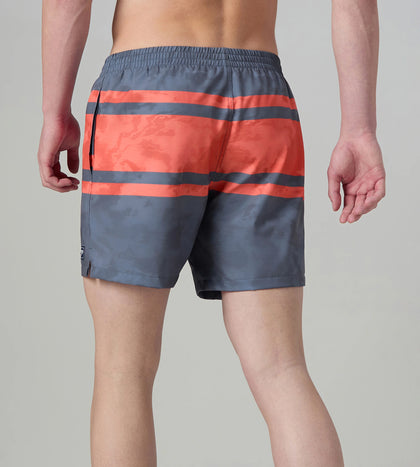 Men's 4 Way Comfort Stretch Essential Printed Watershorts With Side Pockets - Grey Lead & Tropical Coral