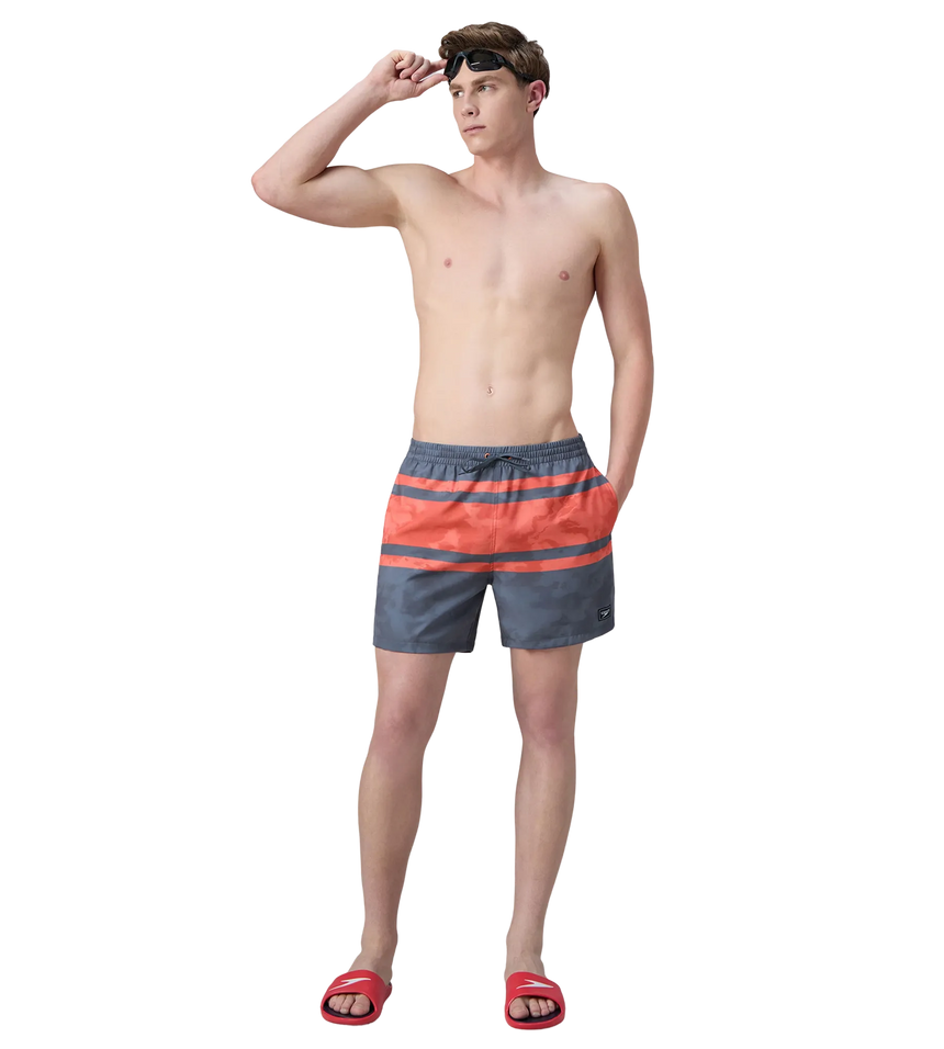Men's 4 Way Comfort Stretch Essential Printed Watershorts With Side Pockets - Grey Lead & Tropical Coral