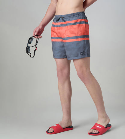 Men's 4 Way Comfort Stretch Essential Printed Watershorts With Side Pockets - Grey Lead & Tropical Coral