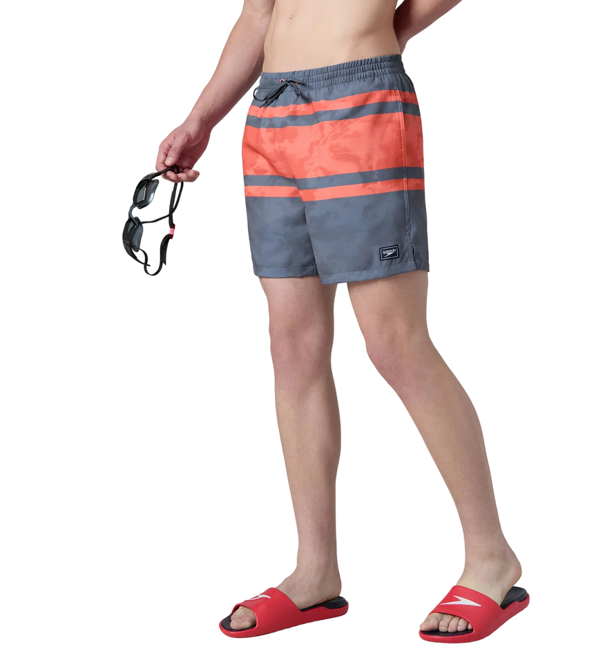 Men's 4 Way Comfort Stretch Essential Printed Watershorts With Side Pockets - Grey Lead & Tropical Coral