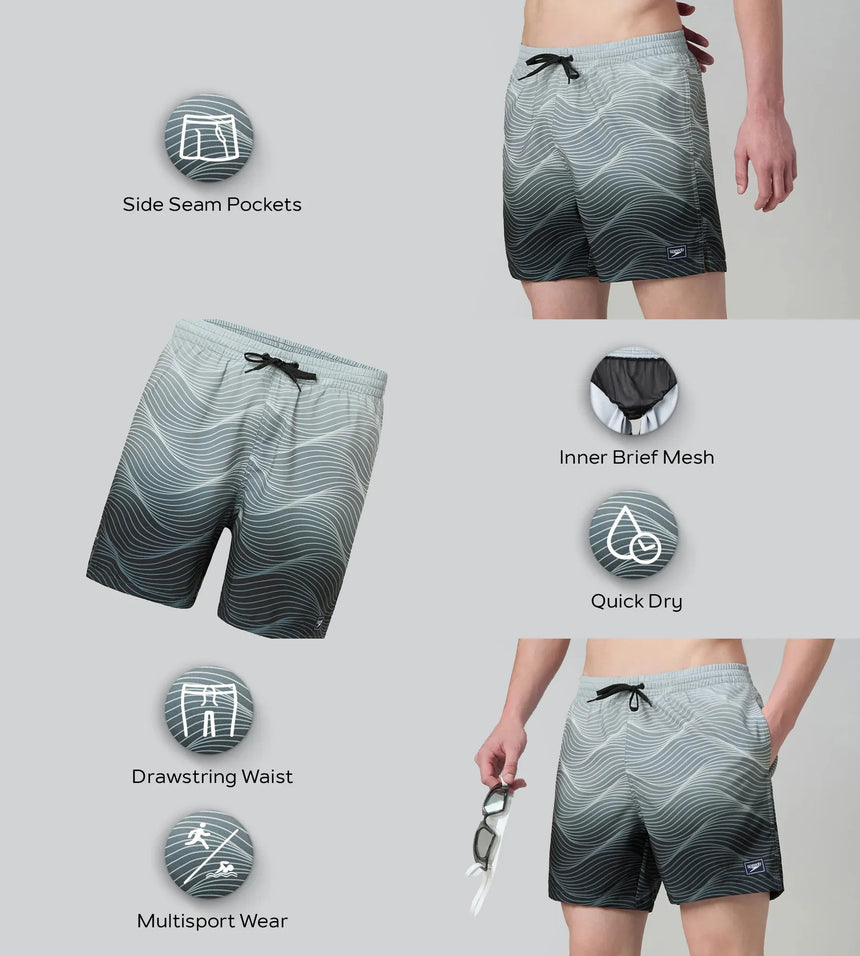 Men's 4 Way Comfort Stretch Essential Printed Watershorts With Side Pockets - Antracite & Coin Grey