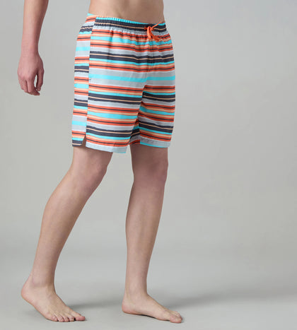 Men's 4 Way Comfort Stretch Essential Printed Watershorts With Side Pockets - Grey Lead & Tropical Coral