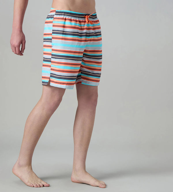 Men's 4 Way Comfort Stretch Essential Printed Watershorts With Side Pockets - Grey Lead & Tropical Coral