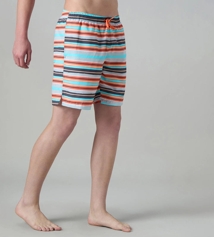 Men's 4 Way Comfort Stretch Essential Printed Watershorts With Side Pockets - Grey Lead & Tropical Coral
