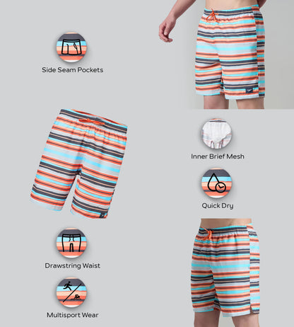 Men's 4 Way Comfort Stretch Essential Printed Watershorts With Side Pockets - Grey Lead & Tropical Coral