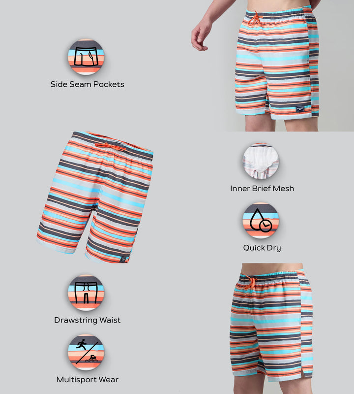 Men's 4 Way Comfort Stretch Essential Printed Watershorts With Side Pockets - Grey Lead & Tropical Coral