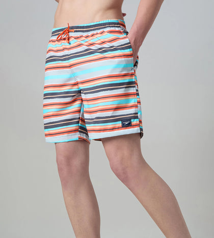 Men's 4 Way Comfort Stretch Essential Printed Watershorts With Side Pockets - Grey Lead & Tropical Coral