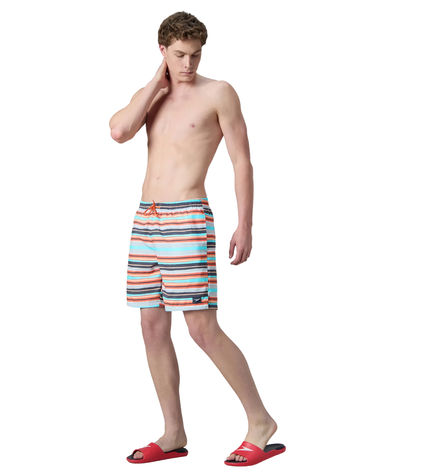 Men's 4 Way Comfort Stretch Essential Printed Watershorts With Side Pockets - Grey Lead & Tropical Coral