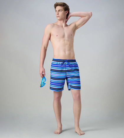 Men's 4 Way Comfort Stretch Essential Printed Watershorts With Side Pockets - Peacoat & Periwinkle Blue