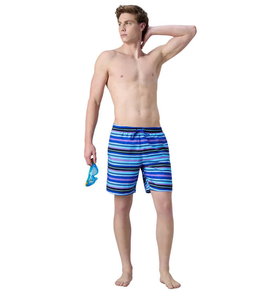 Men's 4 Way Comfort Stretch Essential Printed Watershorts With Side Pockets - Peacoat & Periwinkle Blue