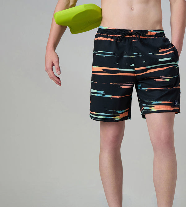 Men's 4 Way Comfort Stretch Essential Printed Watershorts With Side Pockets - Antracite & Tropical Coral