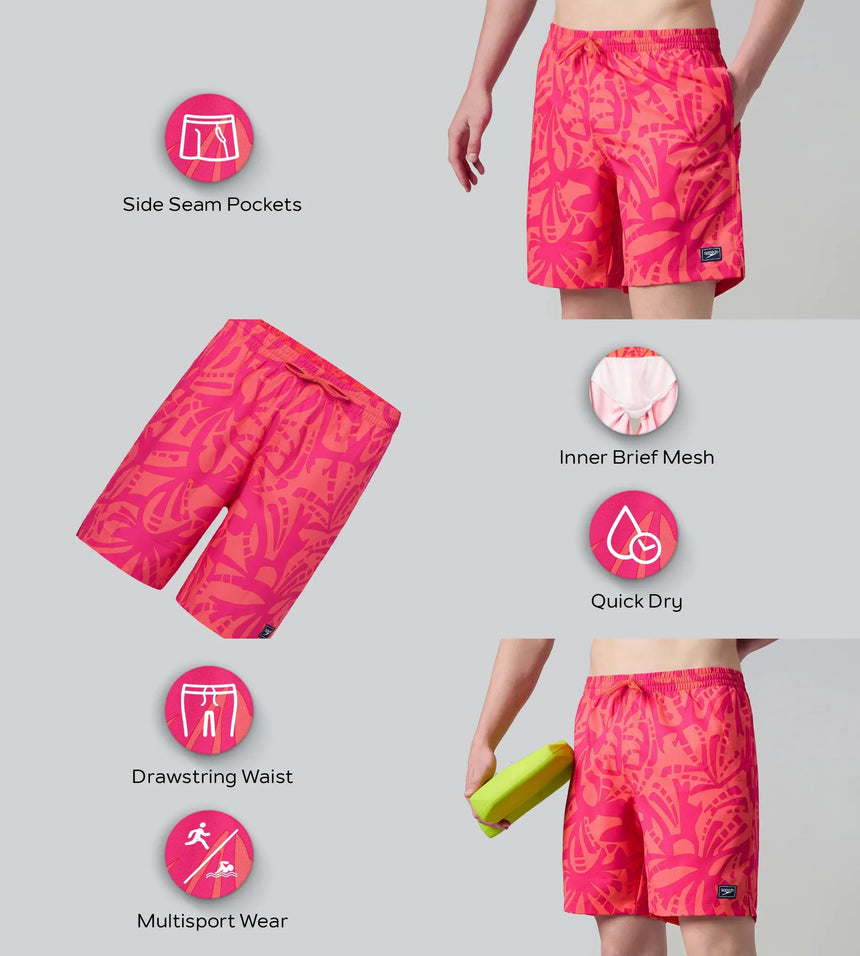 Men's 4 Way Comfort Stretch Essential Printed Watershorts With Side Pockets - Margarita Pink & Tropic Coral