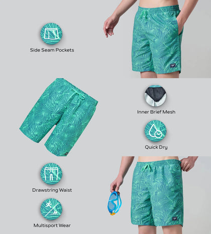 Men's 100% Polyester Essential Printed Watershorts With Side Pockets - Stellar & Turquoise