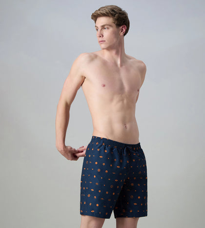 Men's 100% Polyester Essential Printed Watershorts With Side Pockets - Navy & Pure Oranga