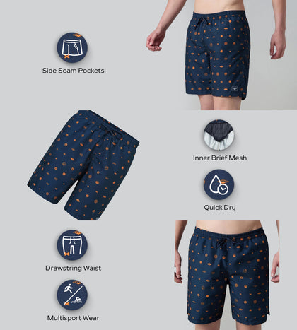 Men's 100% Polyester Essential Printed Watershorts With Side Pockets - Navy & Pure Oranga