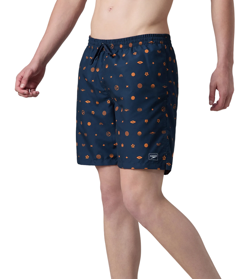 Men's 100% Polyester Essential Printed Watershorts With Side Pockets - Navy & Pure Oranga
