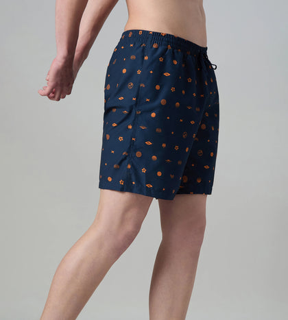 Men's 100% Polyester Essential Printed Watershorts With Side Pockets - Navy & Pure Oranga