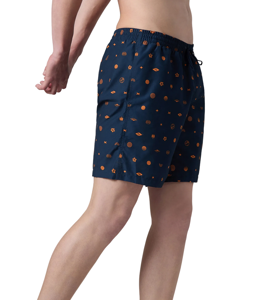 Men's 100% Polyester Essential Printed Watershorts With Side Pockets - Navy & Pure Oranga