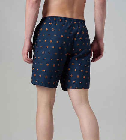 Men's 100% Polyester Essential Printed Watershorts With Side Pockets - Navy & Pure Oranga
