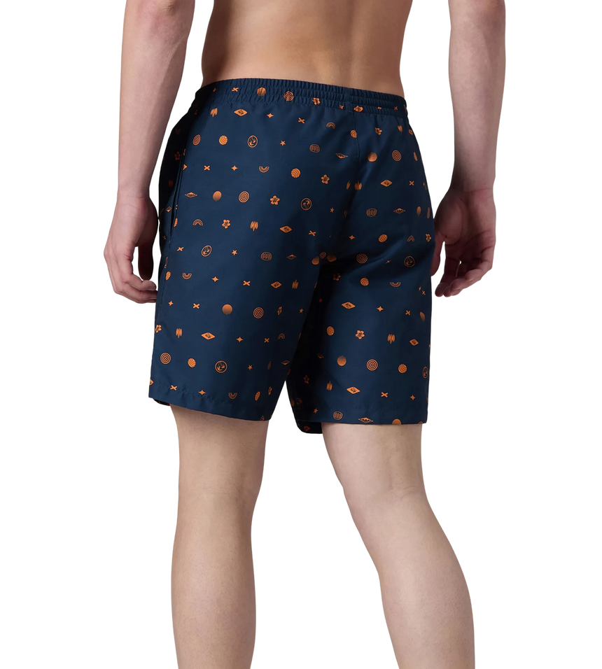 Men's 100% Polyester Essential Printed Watershorts With Side Pockets - Navy & Pure Oranga