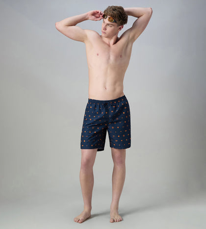 Men's 100% Polyester Essential Printed Watershorts With Side Pockets - Navy & Pure Oranga