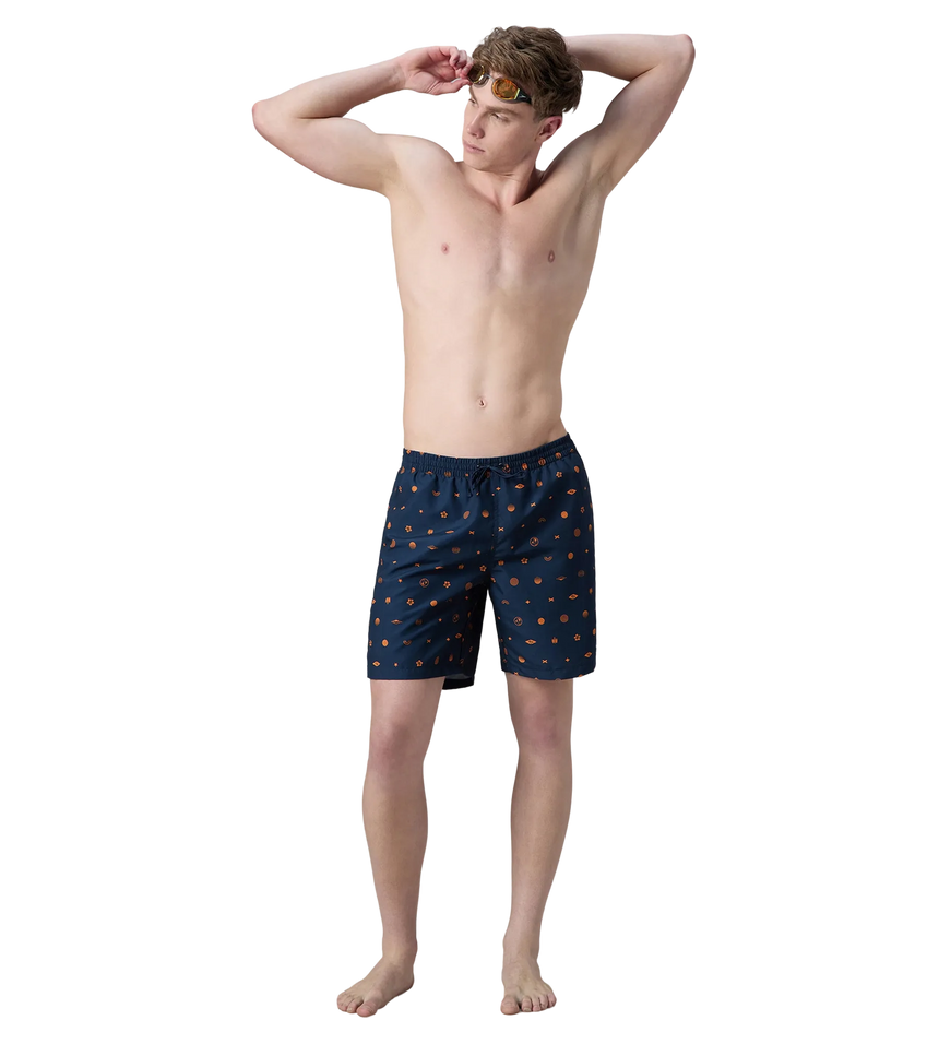 Men's 100% Polyester Essential Printed Watershorts With Side Pockets - Navy & Pure Oranga