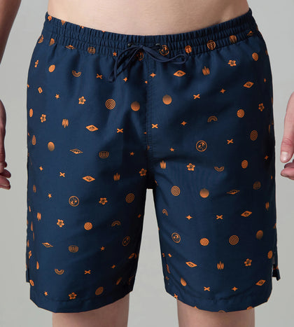 Men's 100% Polyester Essential Printed Watershorts With Side Pockets - Navy & Pure Oranga