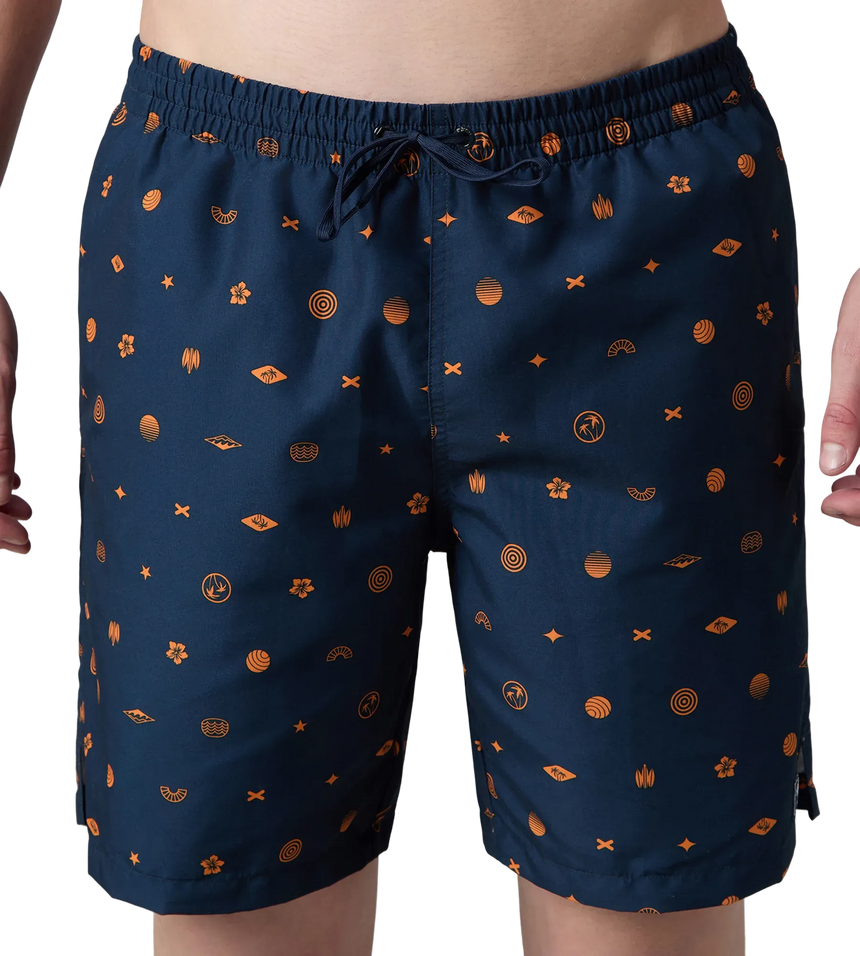 Men's 100% Polyester Essential Printed Watershorts With Side Pockets - Navy & Pure Oranga
