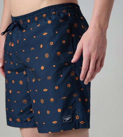 Men's 100% Polyester Essential Printed Watershorts With Side Pockets - Navy & Pure Oranga