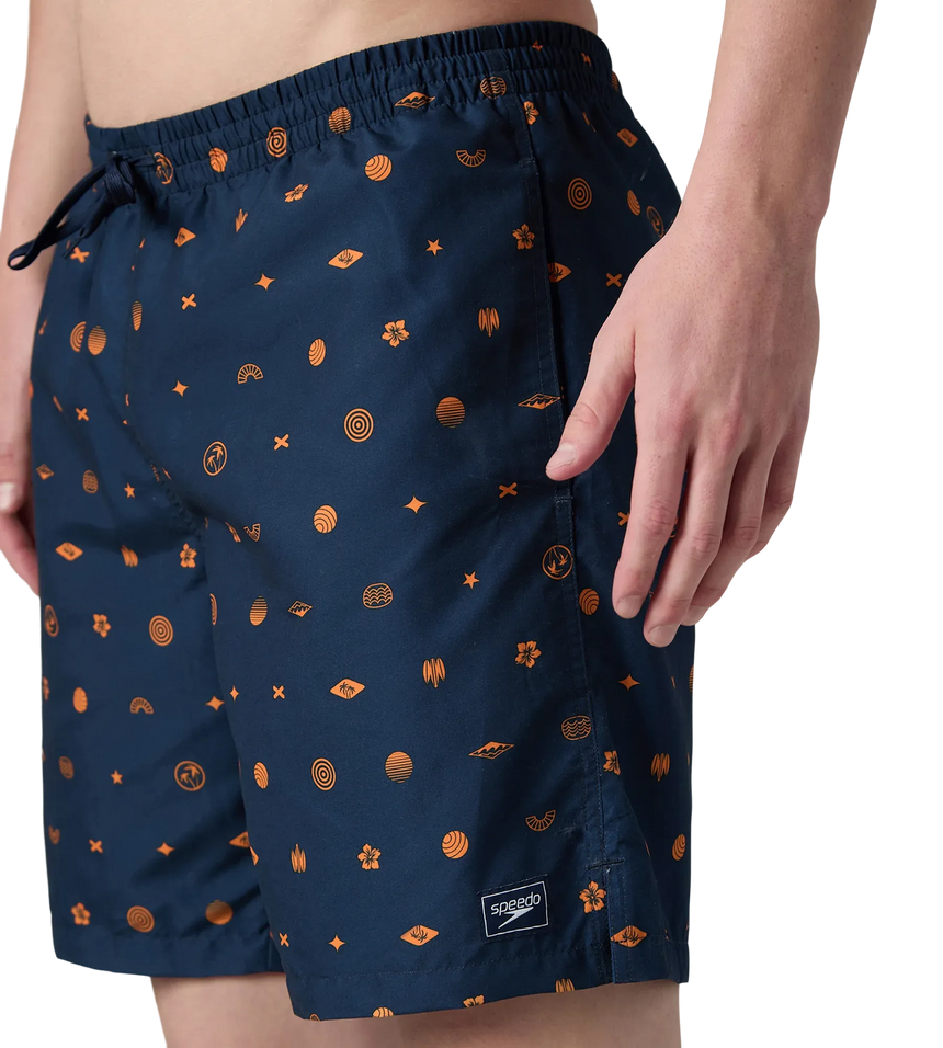 Men's 100% Polyester Essential Printed Watershorts With Side Pockets - Navy & Pure Oranga