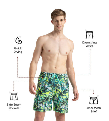 Men's 4 Way Comfort Stretch Essential Printed Watershorts With Side Pockets - Swell Green, Arctic Glass & Hyper Yellow