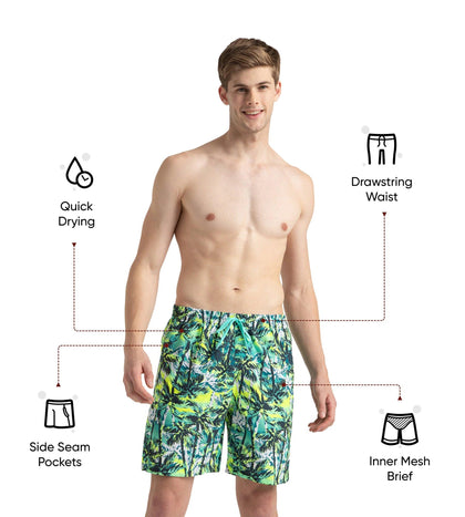 Men's 4 Way Comfort Stretch Essential Printed Watershorts With Side Pockets - Swell Green, Arctic Glass & Hyper Yellow