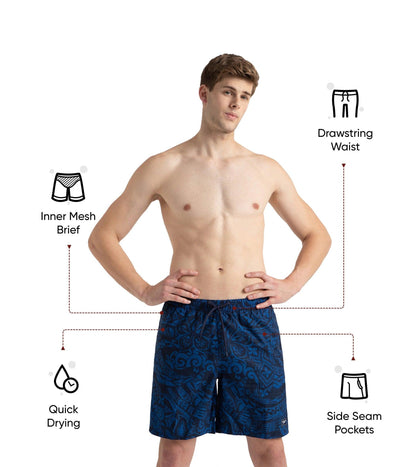 Men's 4 Way Flex Essential Printed Watershorts With Side Pockets - Peacoat & Turkish Sea