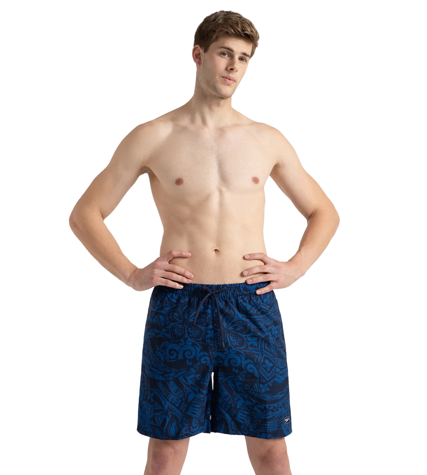 Men's 4 Way Flex Essential Printed Watershorts With Side Pockets - Peacoat & Turkish Sea