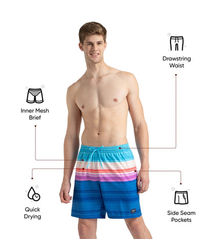Men's 4 Way Flex Essential Printed Watershorts With Side Pockets - Turkish Sea, Picton Blue & Neon Violet