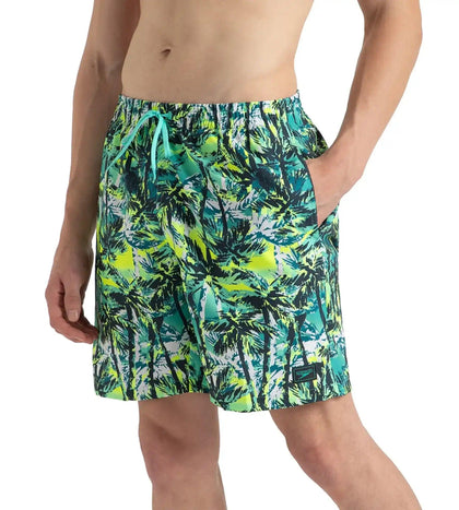 Men's 4 Way Comfort Stretch Essential Printed Watershorts With Side Pockets - Swell Green, Arctic Glass & Hyper Yellow