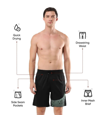 Men's Xpress Lite Essential Medley Logo Printed Watershorts - Black & Harlequin Green