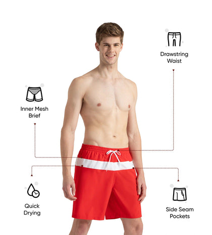 Men's 4 Way Comfort Stretch Volley Watershorts With Side Pockets - High Risk Red & White