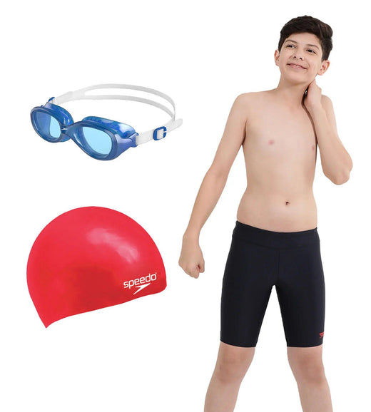 Combo of Goggles, Swim Cap & Jammer For Boys - Red, Blue & True Navy