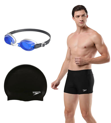 Combo of Goggles, Swim Cap & Aquashorts For Men - Blue & Black