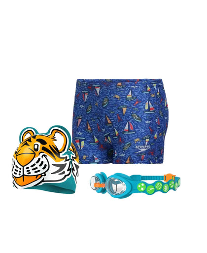 Combo of Goggles, Swim Cap & Aquashort For Boys - True Cobalt, Orange & Green