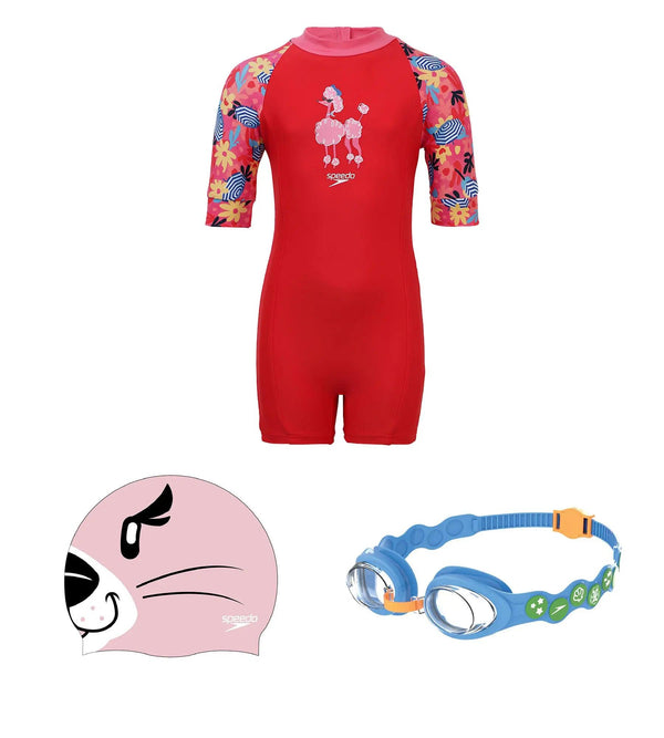 Combo of Goggles, Swim Cap & Legsuit For Girls - Pink, Blue & Red