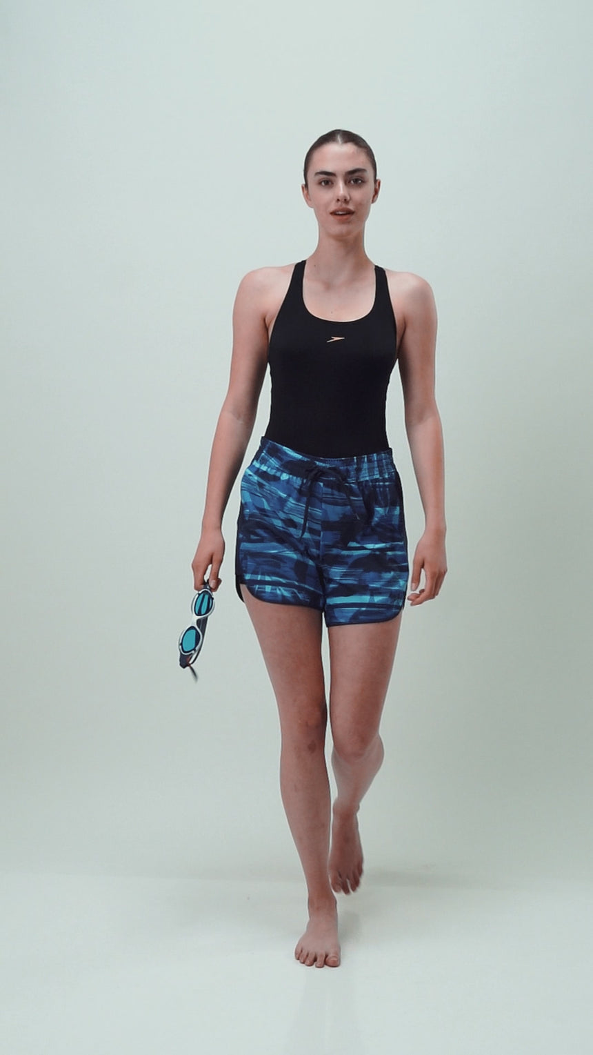 Women's 4 Way Flex Essential Printed Watershorts With Side Pockets - Peacoat, Cerulean Blue & Picton Blue