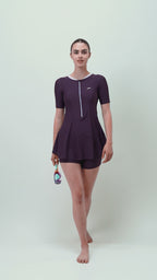 Women's Enduraflex Closedback Sleeved Swimdress With Boyleg - Plum Dandy & Lilac Breeze