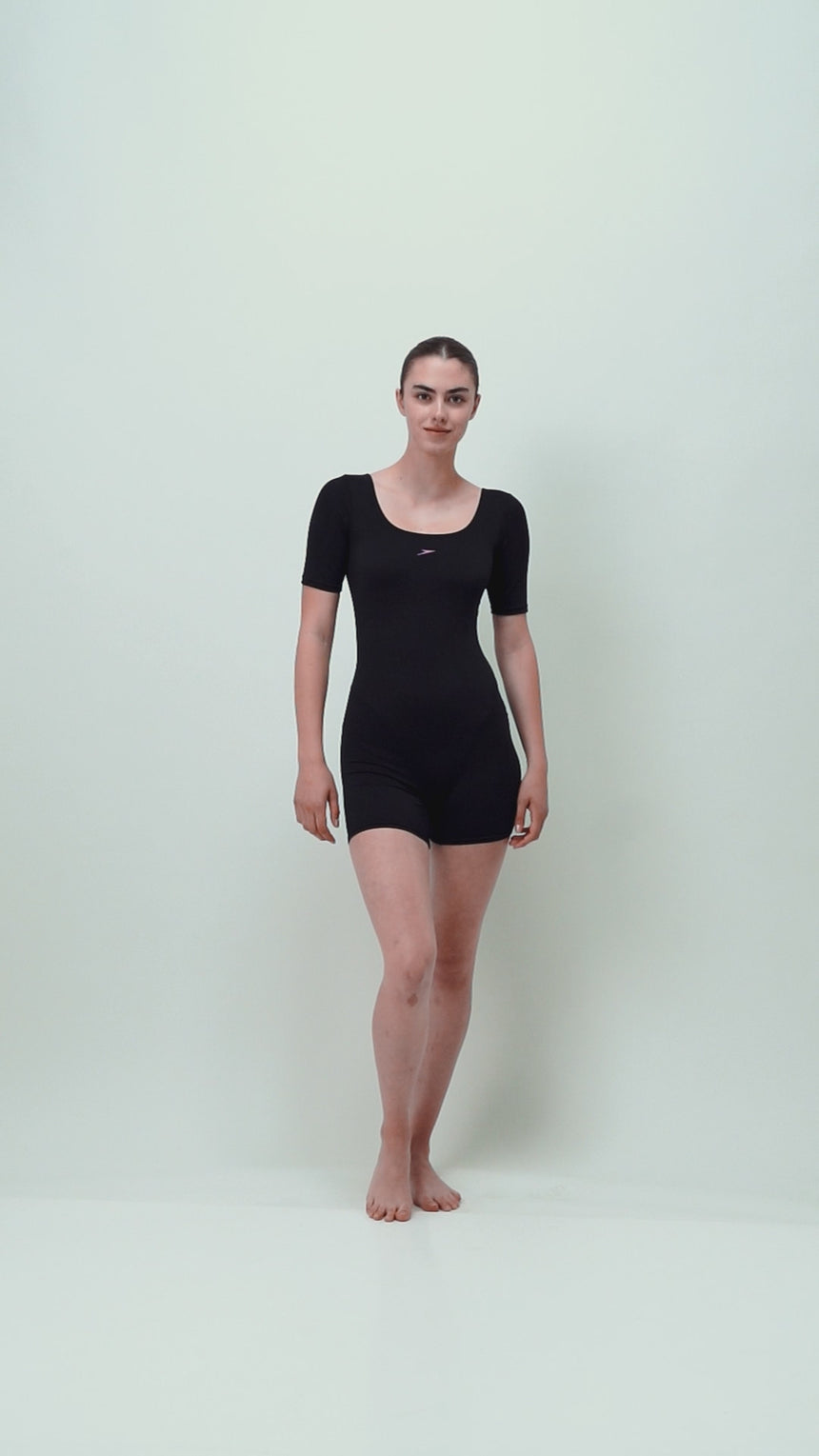 Women's Endurance+ Sleeved Myrtle U-Back Legsuit - Black & Neon Violet